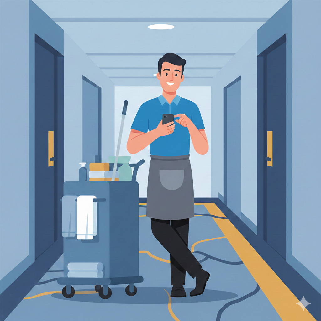 Hotel staff member using phone